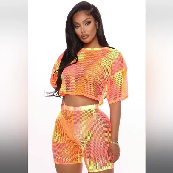 Monica Tie Dye Biker Short Set Neon Coral - Picture 2 of 3